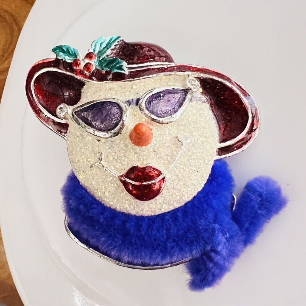 Vintage Red Hat Society Lady Snowman Fluffy Purple Scarf Lapel Pin Brooch 1406